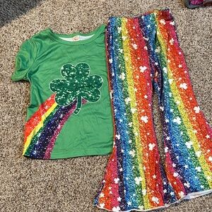 Green Shamrock Tee and Rainbow Sequin Pants Set